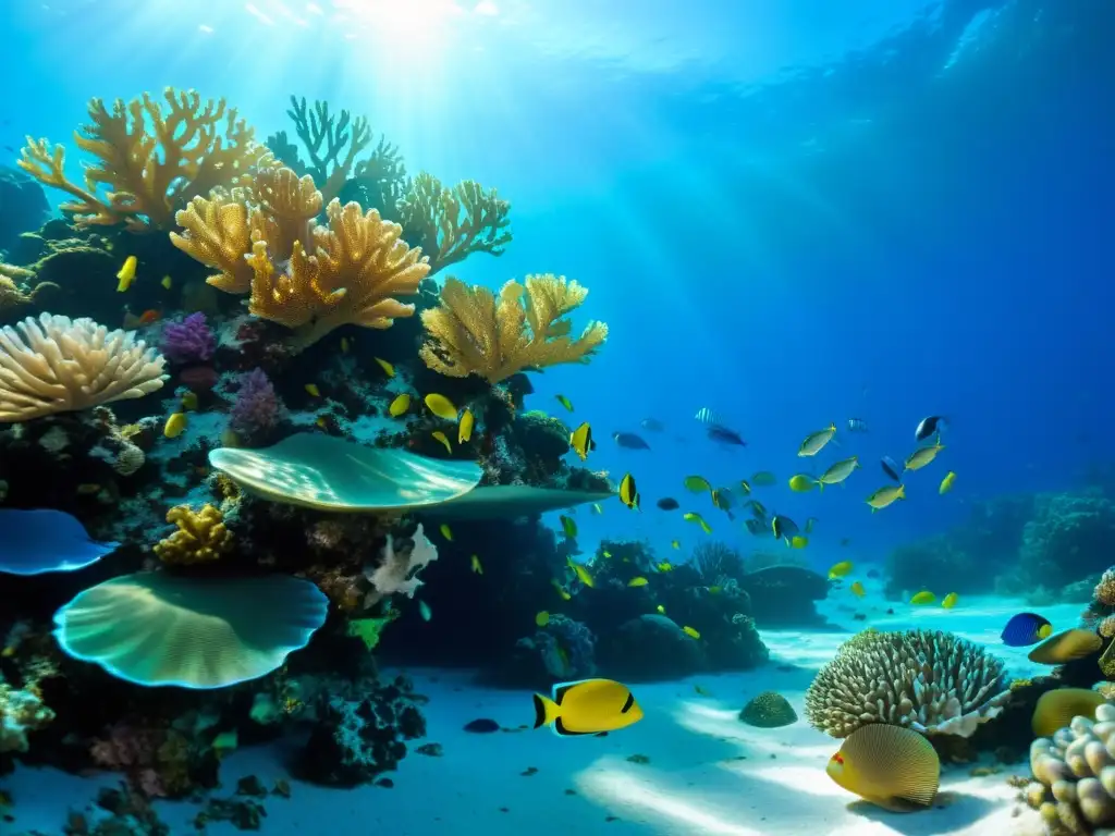 Accesorios con conchas marinas naturales en un vibrante arrecife de coral, con peces coloridos y una elegante decoración natural