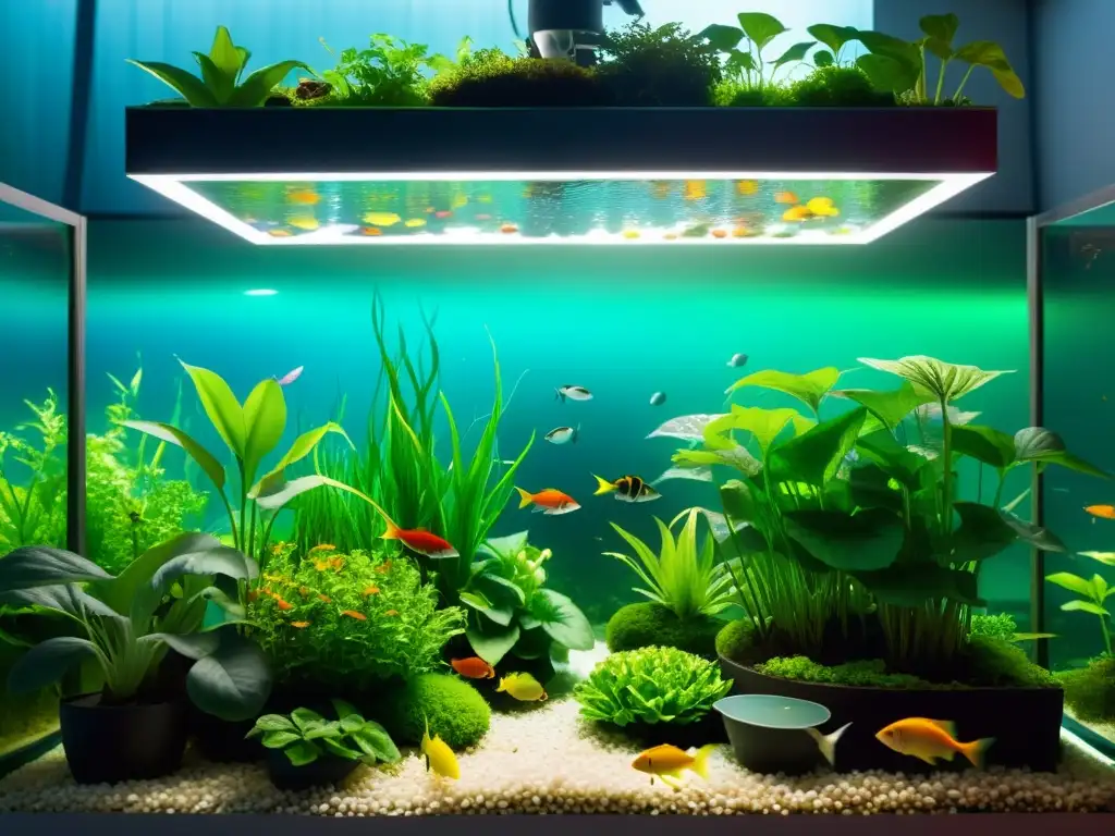 Una acuaponía como negocio sostenible: vibrante jardín subacuático con plantas y peces enredados en una simbiosis natural y productiva