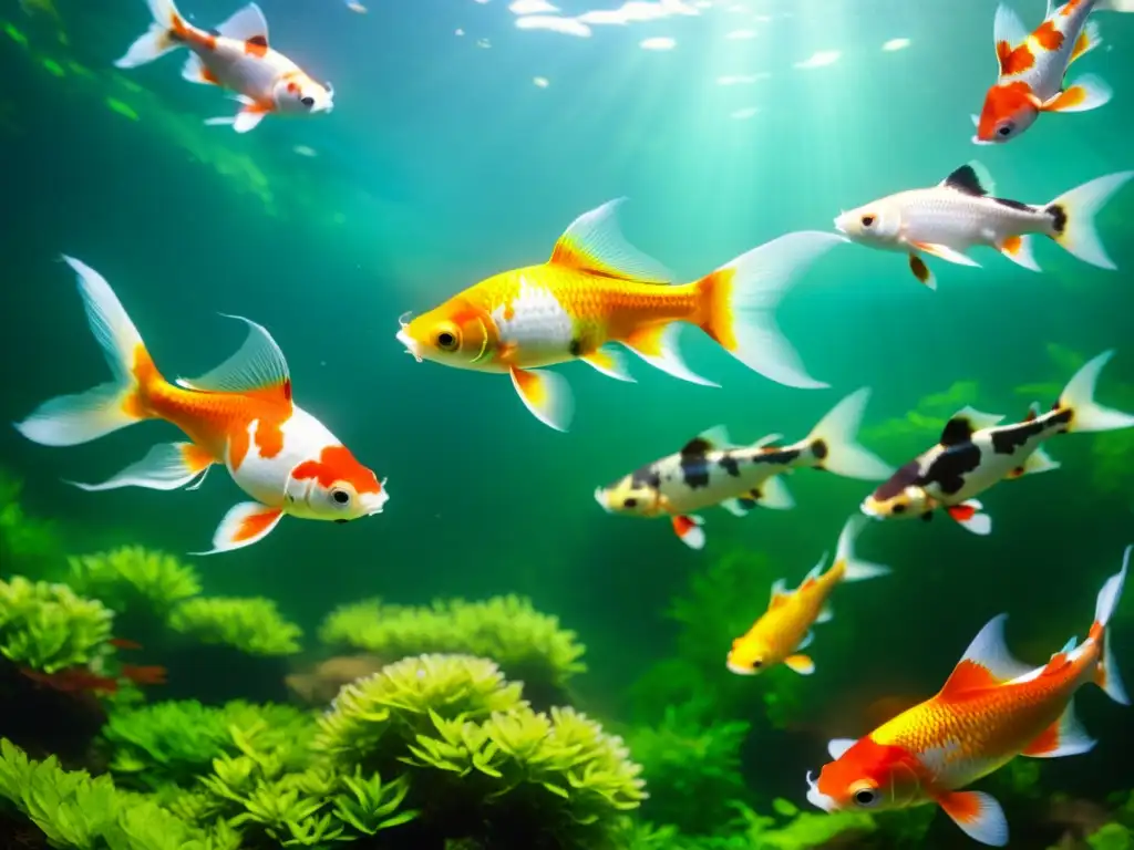 Un acuario de agua fría rebosante de vida, con koi brillantes y flora acuática exuberante, creando un oasis cautivador