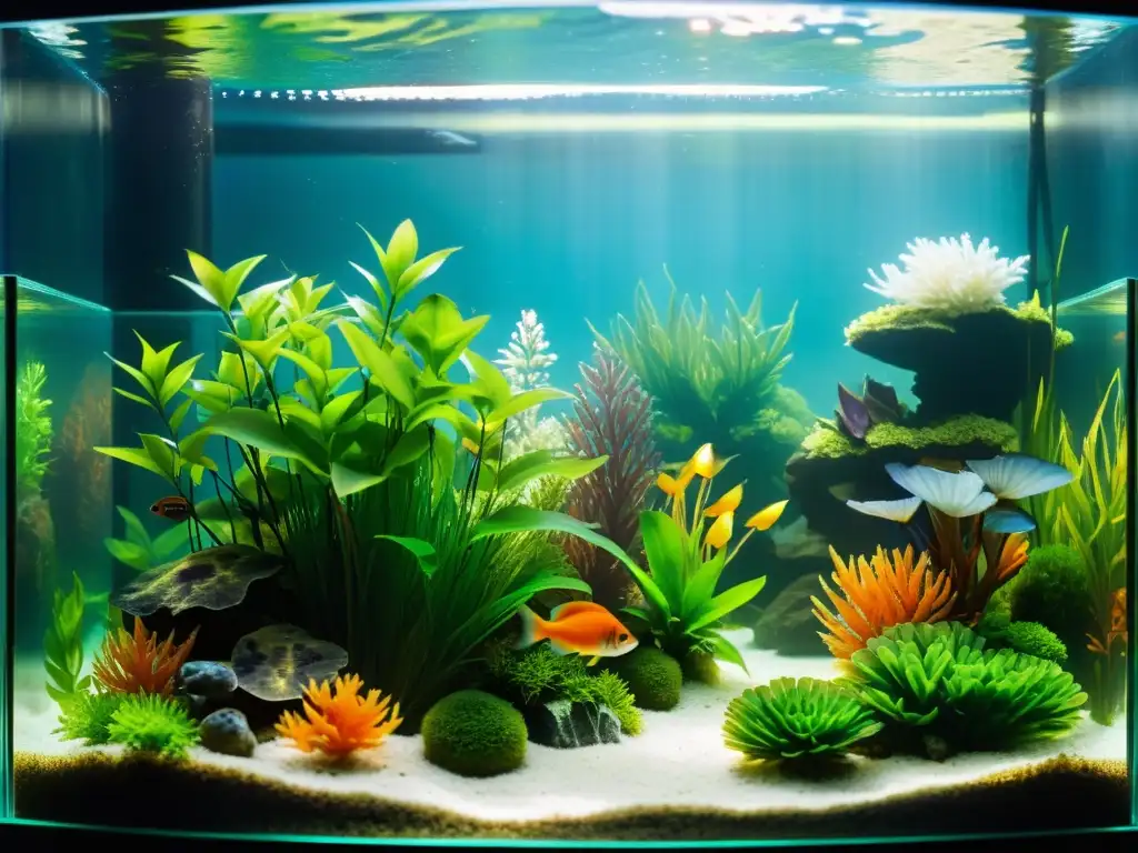 Un acuario compacto con plantas acuáticas vibrantes y peces coloridos