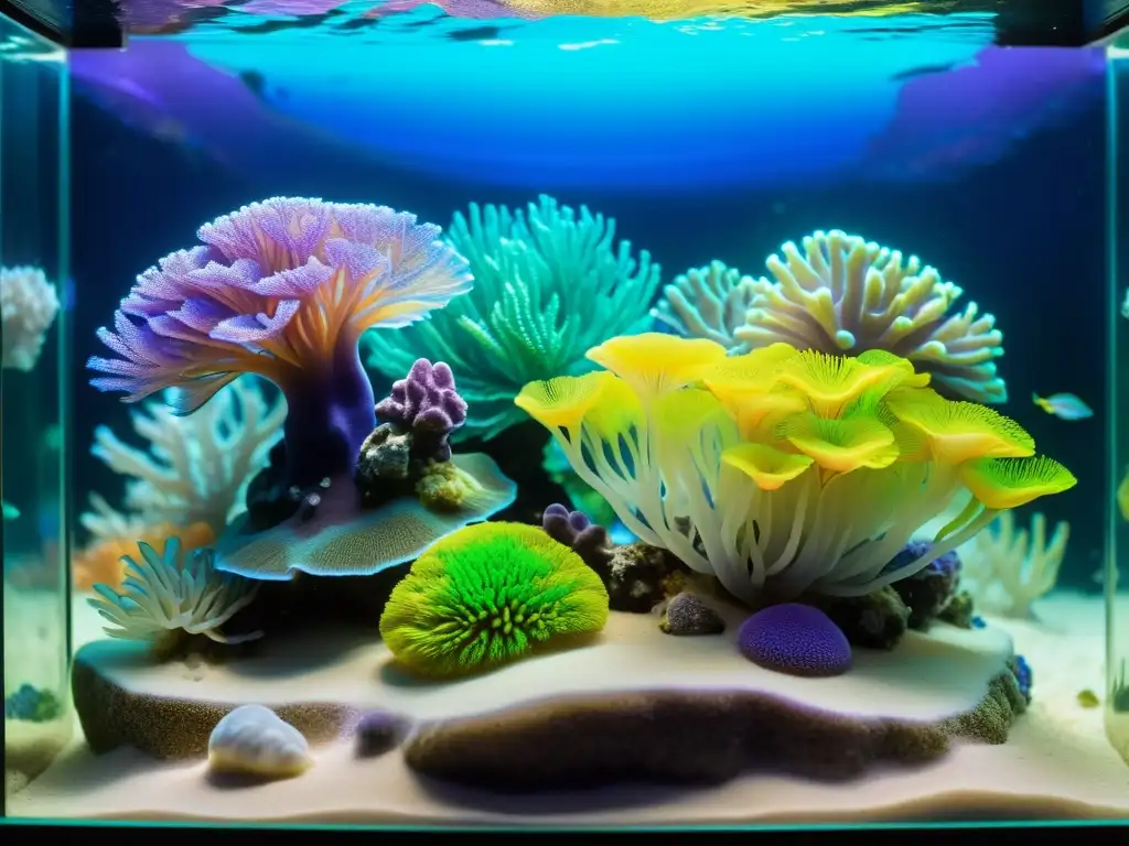 Acuario compacto con vibrantes formaciones de coral y peces de colores, destacando la integración de nanotecnología en acuarios compactos