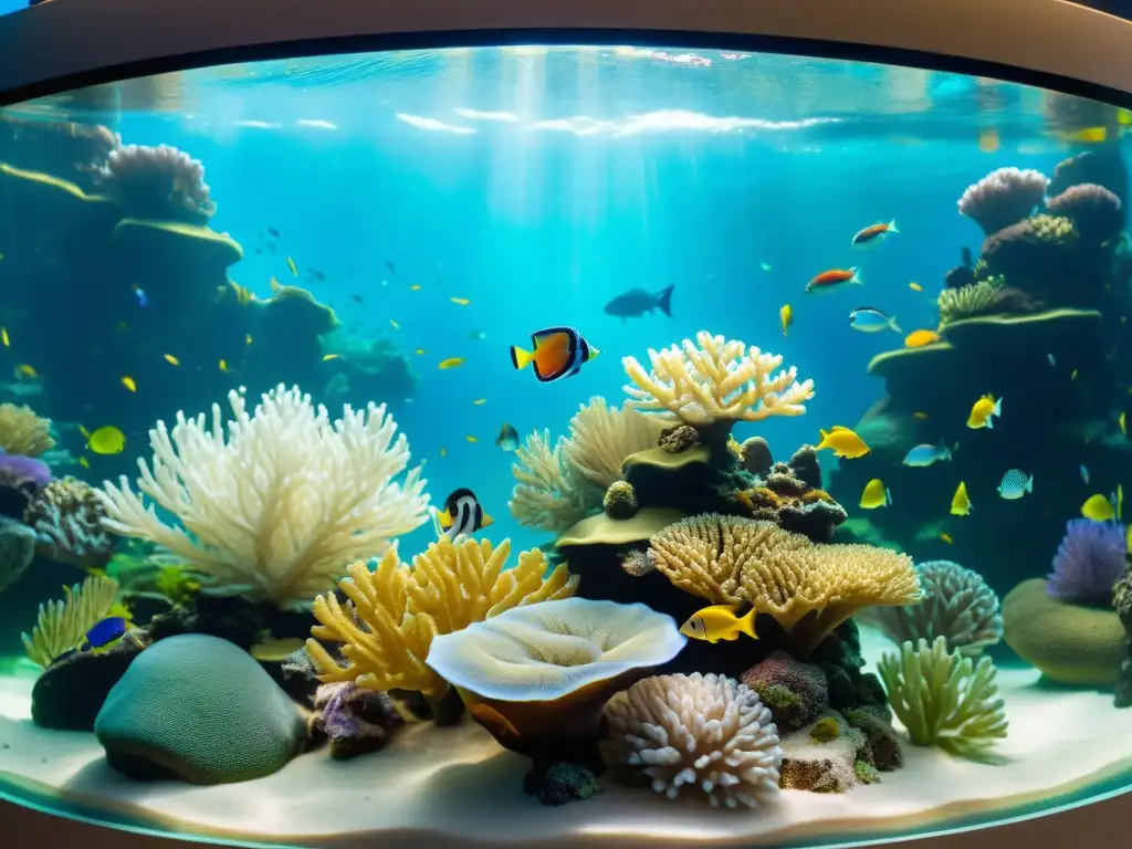 Acuario doméstico con tecnología de ozono, peces coloridos y coral vivo creando una escena submarina vibrante y tranquila