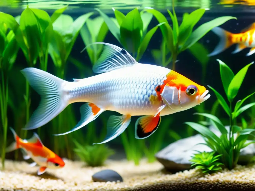 Acuario con especies de agua fría: koi, rudd y trucha, entre plantas y rocas vibrantes