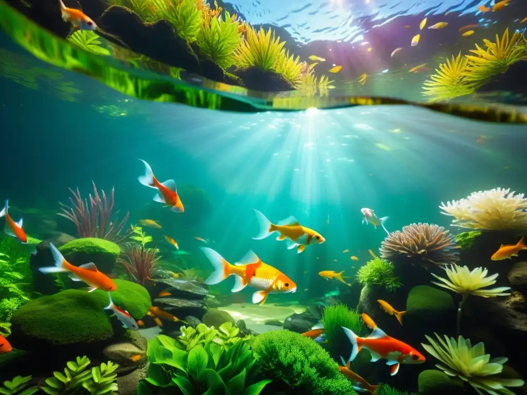 Acuario con especies de aguas frías: koi, goldfish y truchas nadando entre plantas acuáticas y rocas, iluminados por la suave luz natural