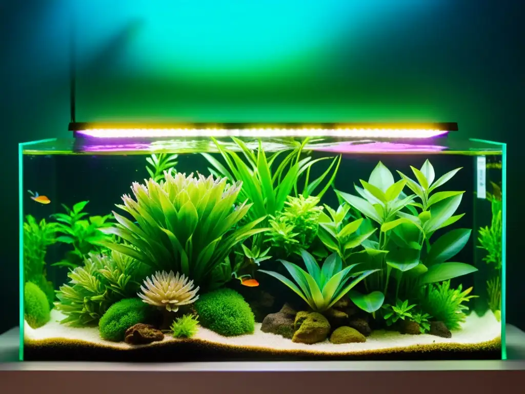 Acuario con espectro de luz para acuario iluminando exuberante vegetación acuática, creando un ecosistema submarino armonioso y cautivador