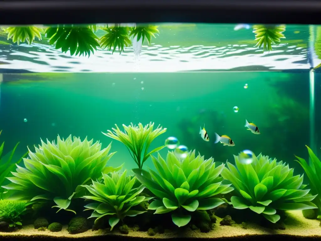 Acuario con exuberante lecho de plantas verdes, burbujas de CO2, raíces y peces, mostrando los beneficios del CO2 para acuarios