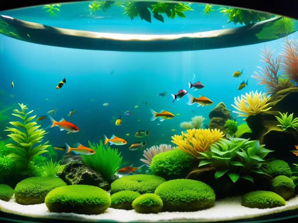 Acuario frío con plantas y peces vibrantes, creando un paisaje submarino sereno y cautivador