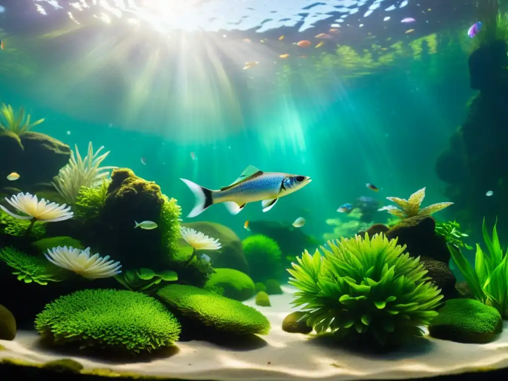 Un acuario frío rebosante de plantas acuáticas, rocas cubiertas de musgo y peces elegantes en un baile tranquilo