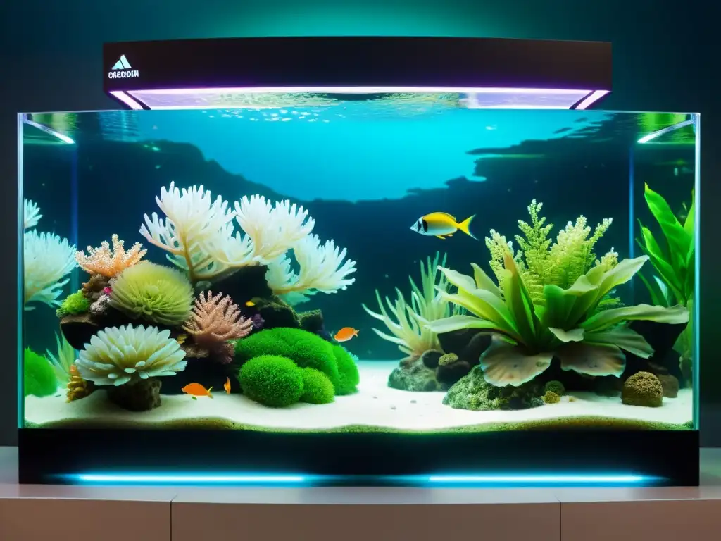 Exhibición Acuática Futurista: Innovación y Sostenibilidad Un acuario futurista y sostenible en una feria, iluminado con LED, exhibe flora y fauna submarina innovadora