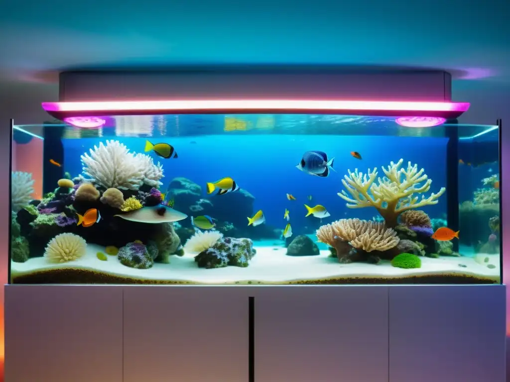 Un acuario IoT integrado, repleto de peces y coral vibrante, iluminado por una suave luz etérea