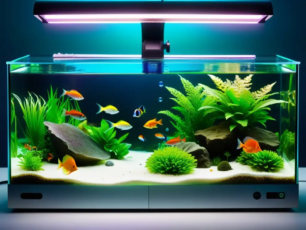 Un acuario inteligente de alta tecnología con peces exóticos y plantas vibrantes, mostrando innovación y belleza natural