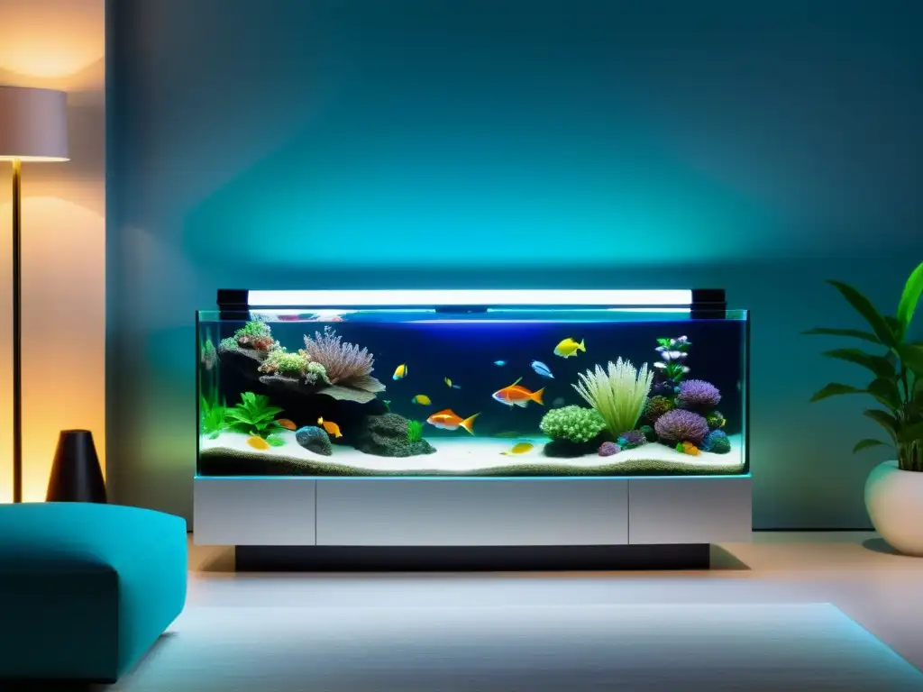 Un acuario inteligente de tecnología innovadora en un espacio contemporáneo, repleto de peces y plantas exóticas, iluminado suavemente