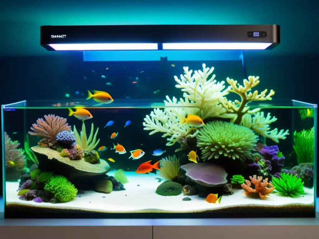 Acuario inteligente de tecnología innovadora con peces tropicales y corales vibrantes