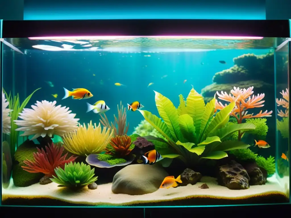 Acuario inteligente con tecnología innovadora, peces exóticos y plantas acuáticas vibrantes, creando una atmósfera de tranquilidad y sofisticación