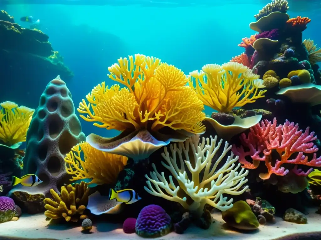 Acuario marino con impacto decoraciones y coloridos peces entre corales artificiales