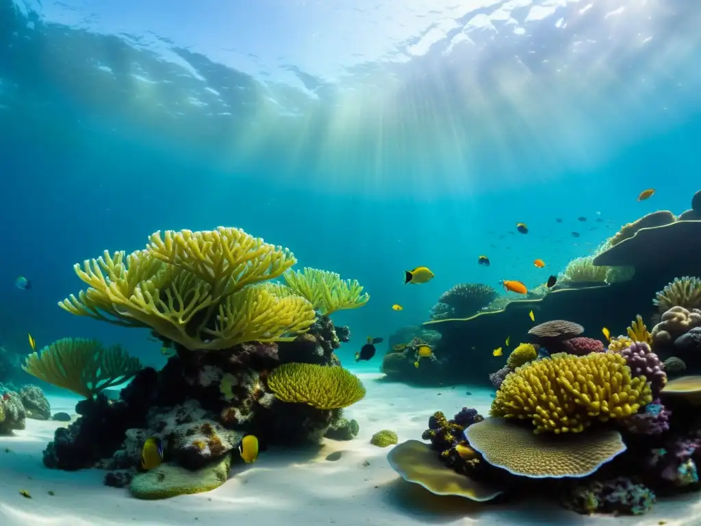 Un acuario marino bien mantenido, con coral colorido, algas y peces en agua cristalina