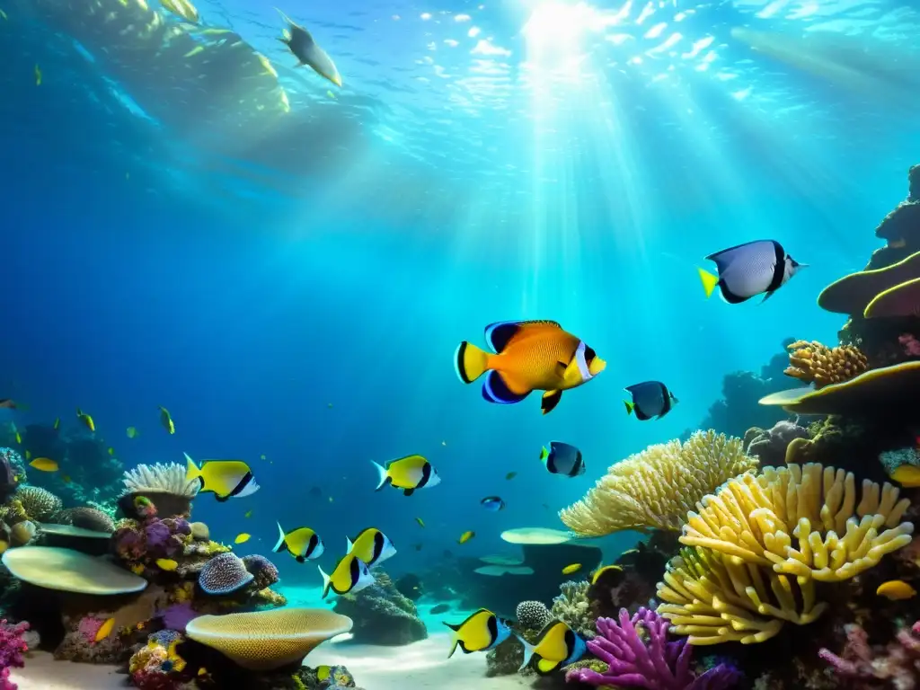 Acuario marino con peces coloridos, corales vibrantes y luz solar filtrándose en el agua cristalina, un espectáculo de belleza submarina