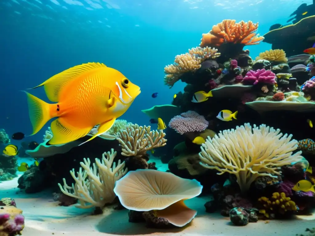 Un acuario marino vibrante con sustratos especializados para acuarios marinos, corales coloridos y peces en un paisaje submarino tranquilo