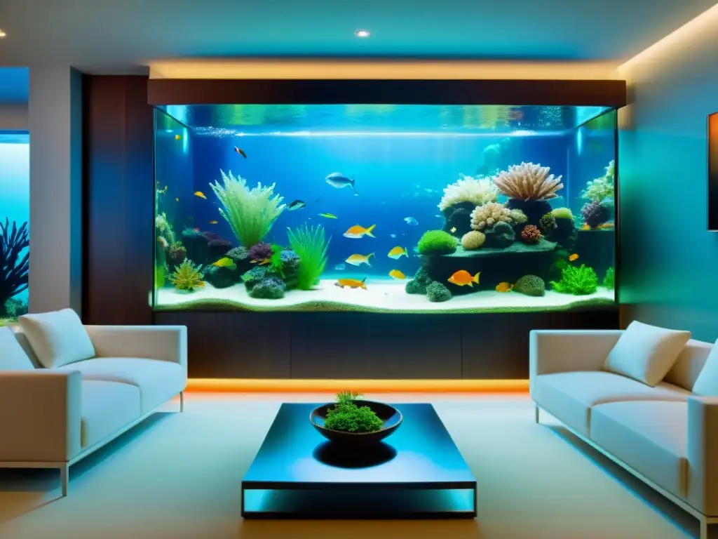 Un acuario moderno se fusiona armoniosamente con elegantes muebles y decoración, creando un ambiente de sofisticado lujo