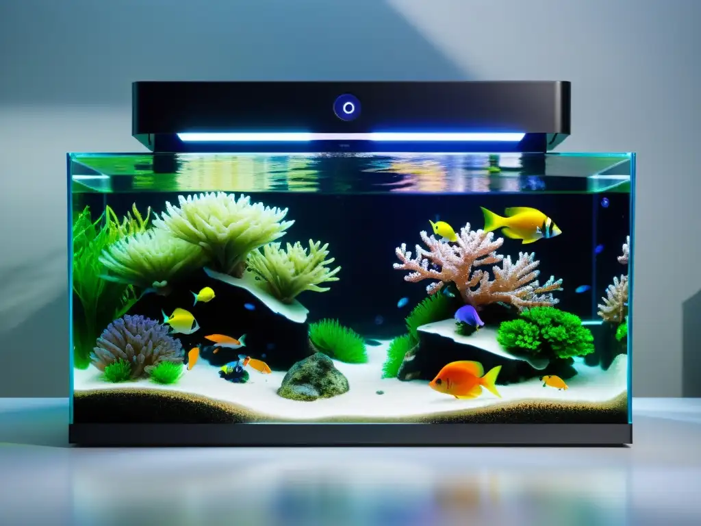 Acuario modular con diseño futurista, luces LED personalizables, y ecosistema vibrante