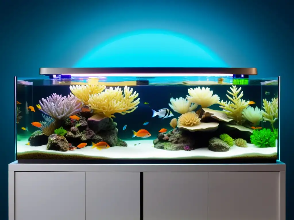 Acuario modular con diseño moderno, iluminado por luces LED vibrantes, exhibiendo vida marina y plantas acuáticas