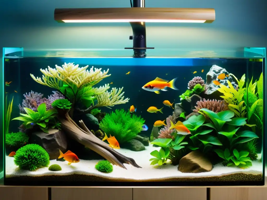 Acuario modular con plantas acuáticas vibrantes, peces coloridos y una iluminación impresionante