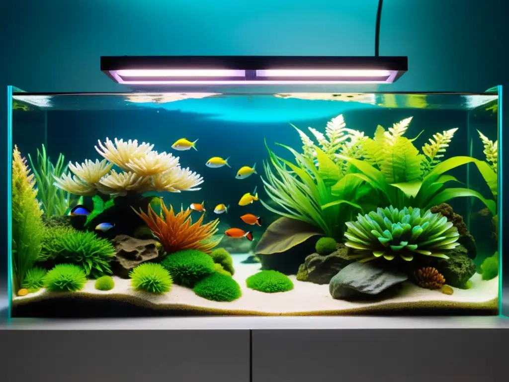 Acuario modular con plantas y peces tropicales en un ambiente cuidadosamente diseñado