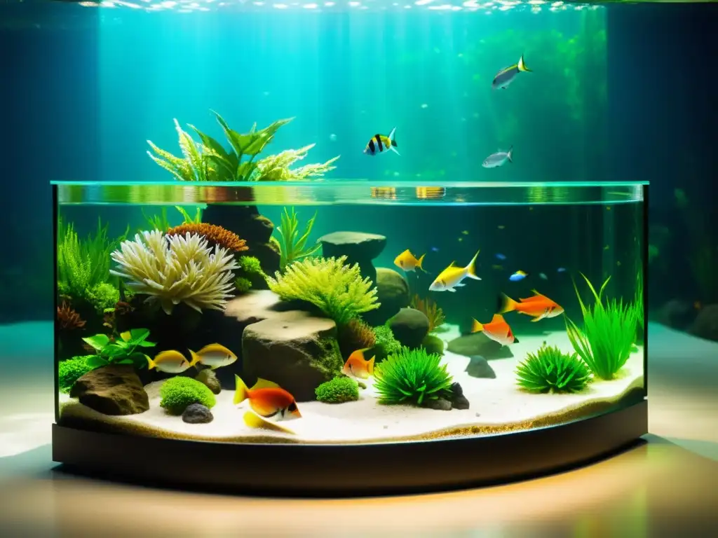 Un acuario pequeño con peces coloridos, plantas exuberantes y formaciones rocosas