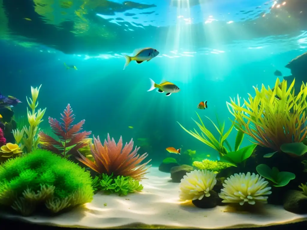 Acuario sereno con plantas acuáticas vibrantes y peces coloridos nadando suavemente en el agua clara, iluminados por una luz suave y difusa