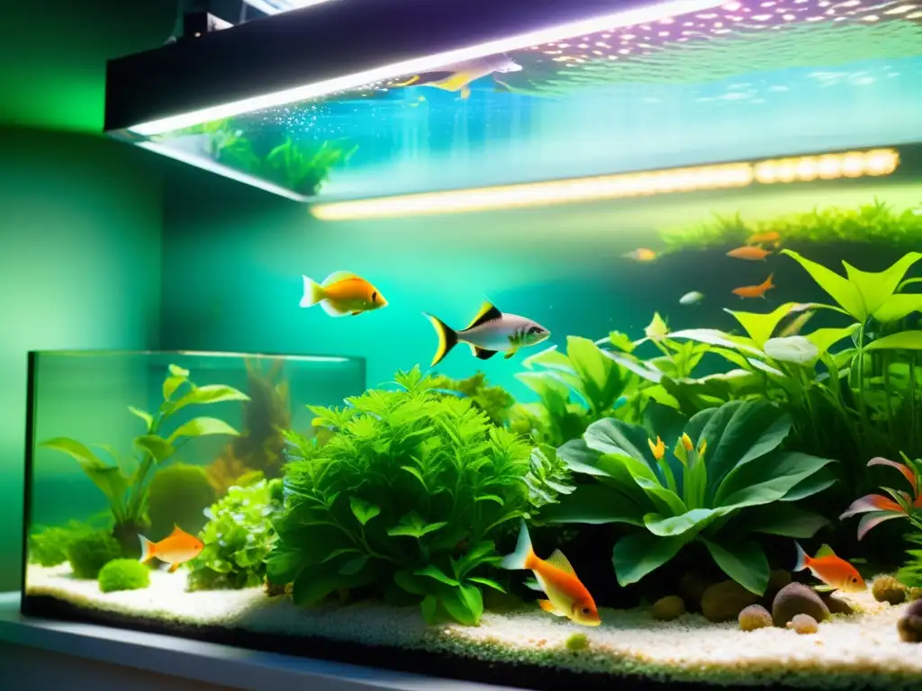 Acuaponía: sistema acuario sostenible con exuberante ecosistema submarino de plantas y peces en armonía bajo la luz filtrada