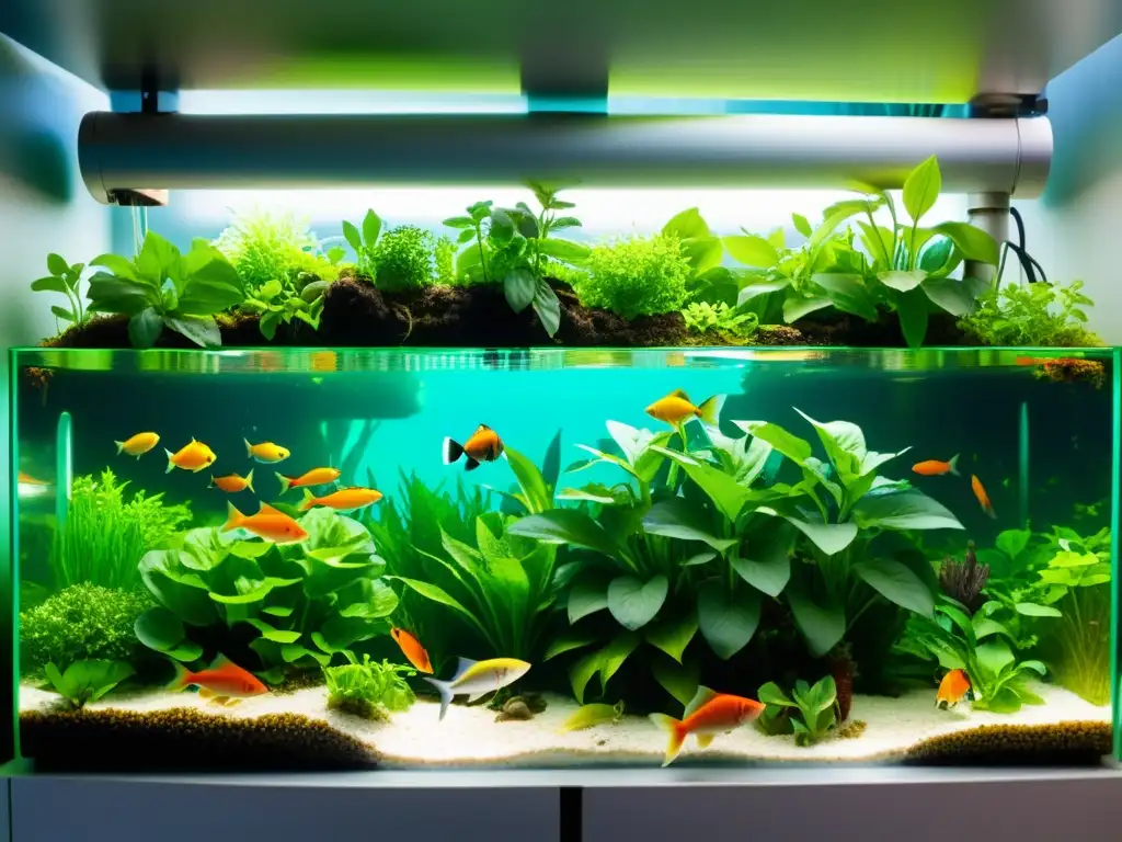 Acuaponía: sistema acuario sostenible con peces y plantas en armonía bajo el agua clara, creando un ambiente tranquilo y vibrante