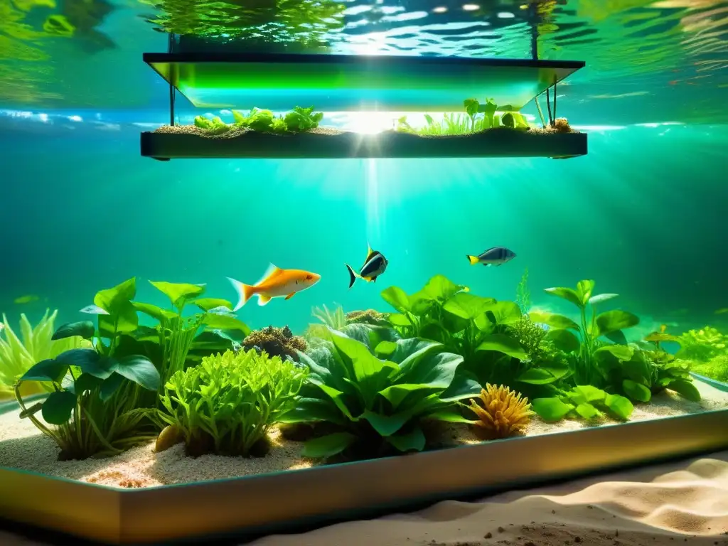 Acuaponía: sistema acuario sostenible con plantas exuberantes y peces coloridos en armonía bajo el agua