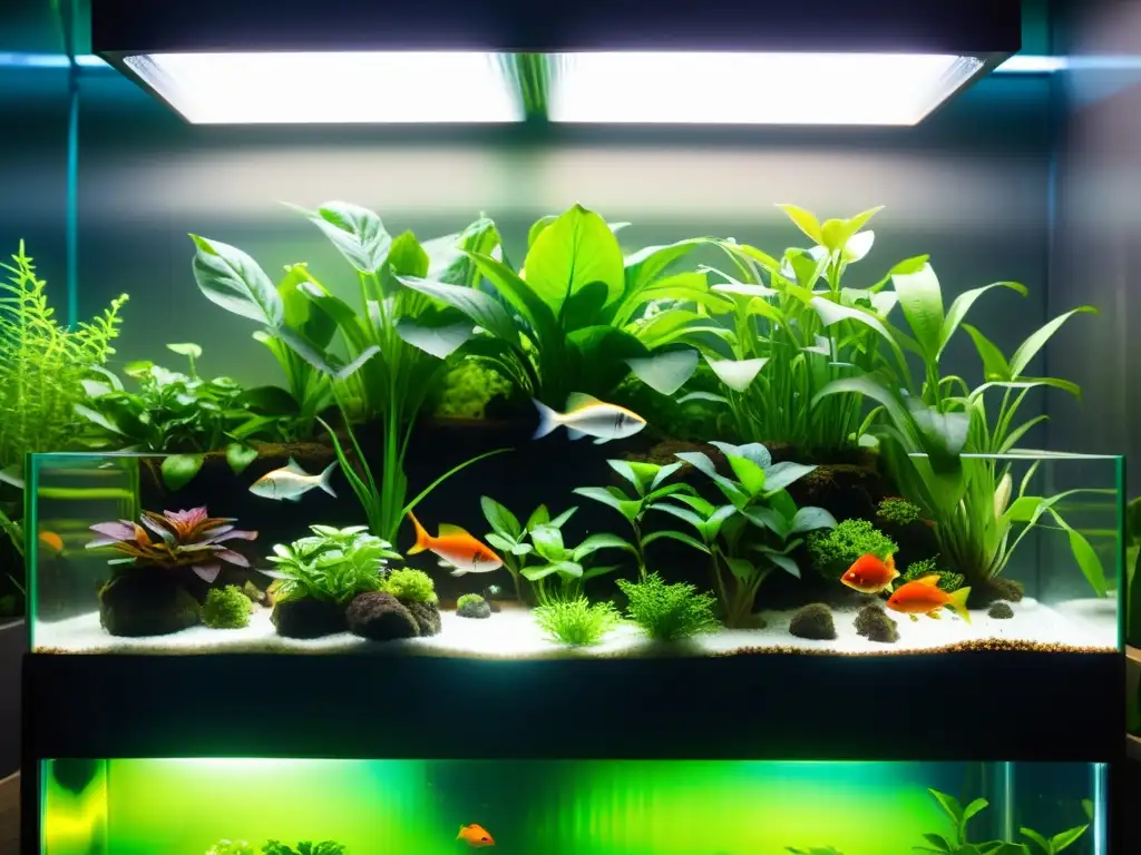 Acuaponía: sistema acuario sostenible con plantas exuberantes y peces coloridos en agua cristalina, iluminado por la cálida luz del sol