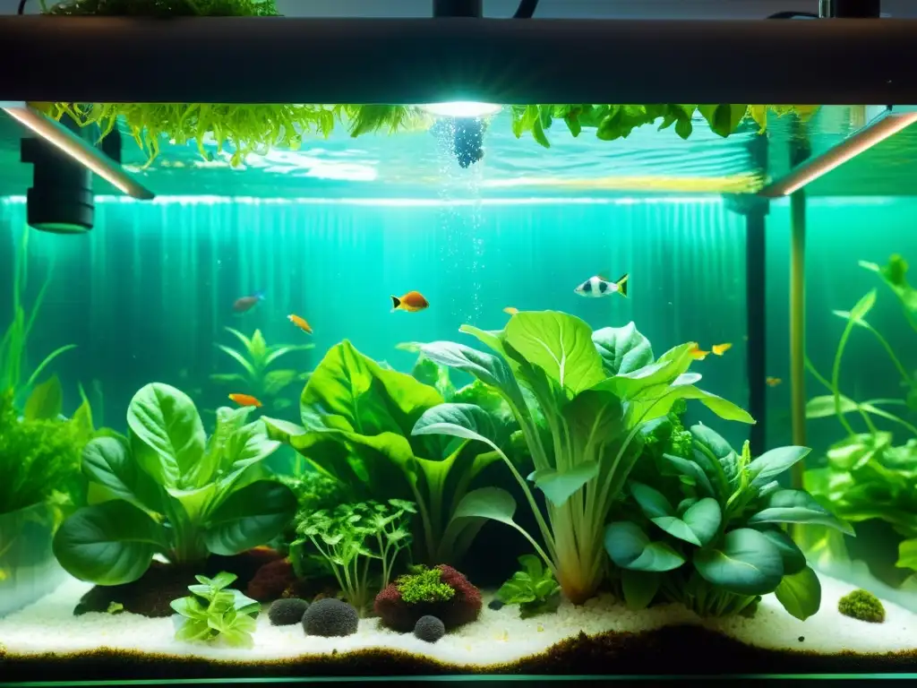 Acuaponía: sistema acuario sostenible con plantas verdes exuberantes y peces coloridos en un entorno acuático vibrante y armonioso