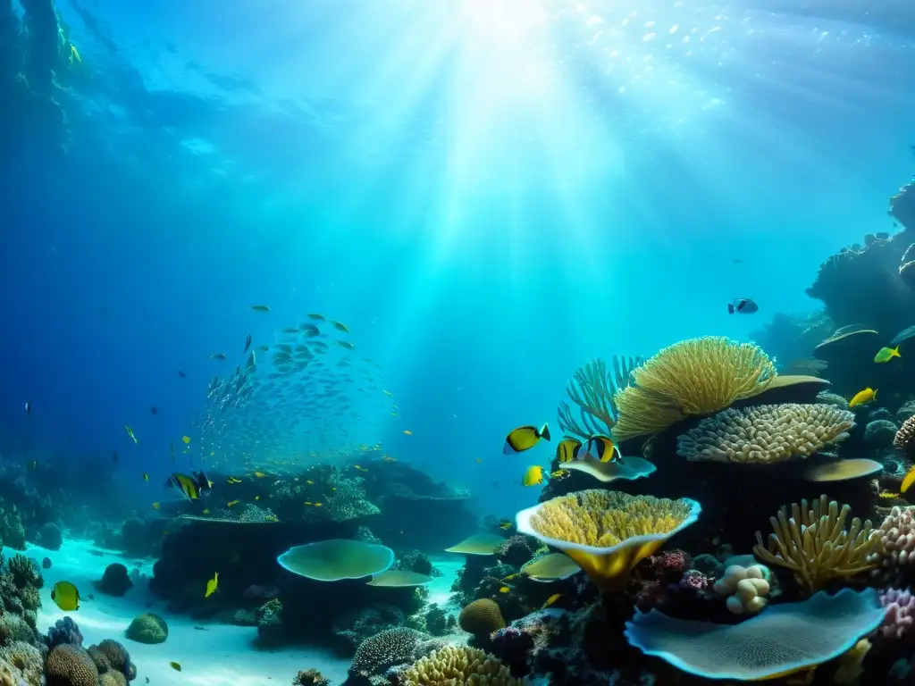 Acuario temático vida marina oceánica: Colorido arrecife de coral con peces tropicales, anémonas y rayos de sol filtrándose en el agua cristalina