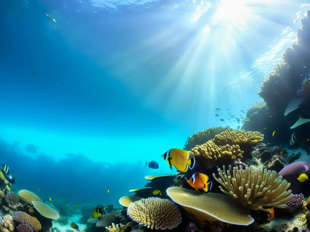 Acuario temático vida marina oceánica: Fotografía detallada de un vibrante arrecife de coral, con peces de colores entre formaciones coralinas