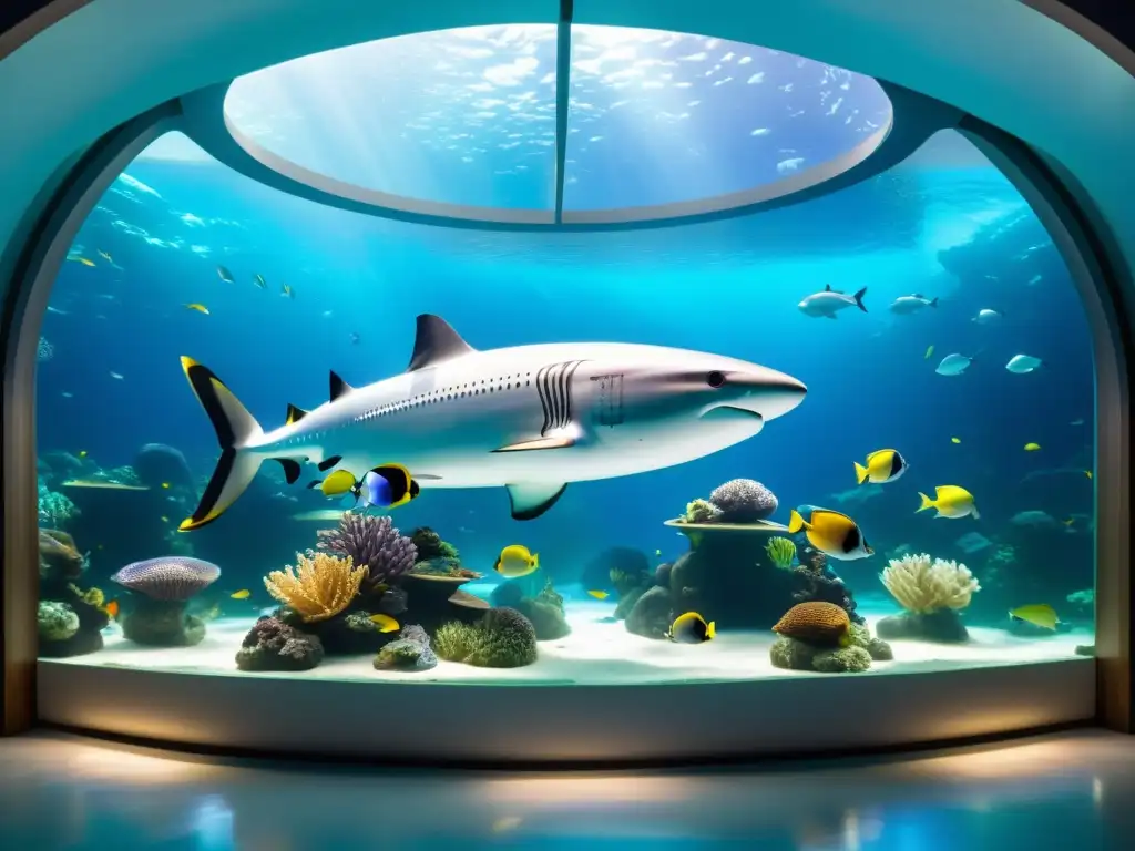 Acuario temático vida marina oceánica con diseño inspirado en el Titanic, lleno de vida submarina vibrante y ambientación hipnótica