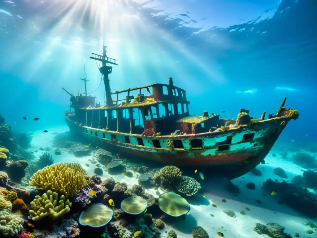 Acuario temático vida marina oceánica: Fotografía impactante de un naufragio rodeado de coral vibrante y vida marina