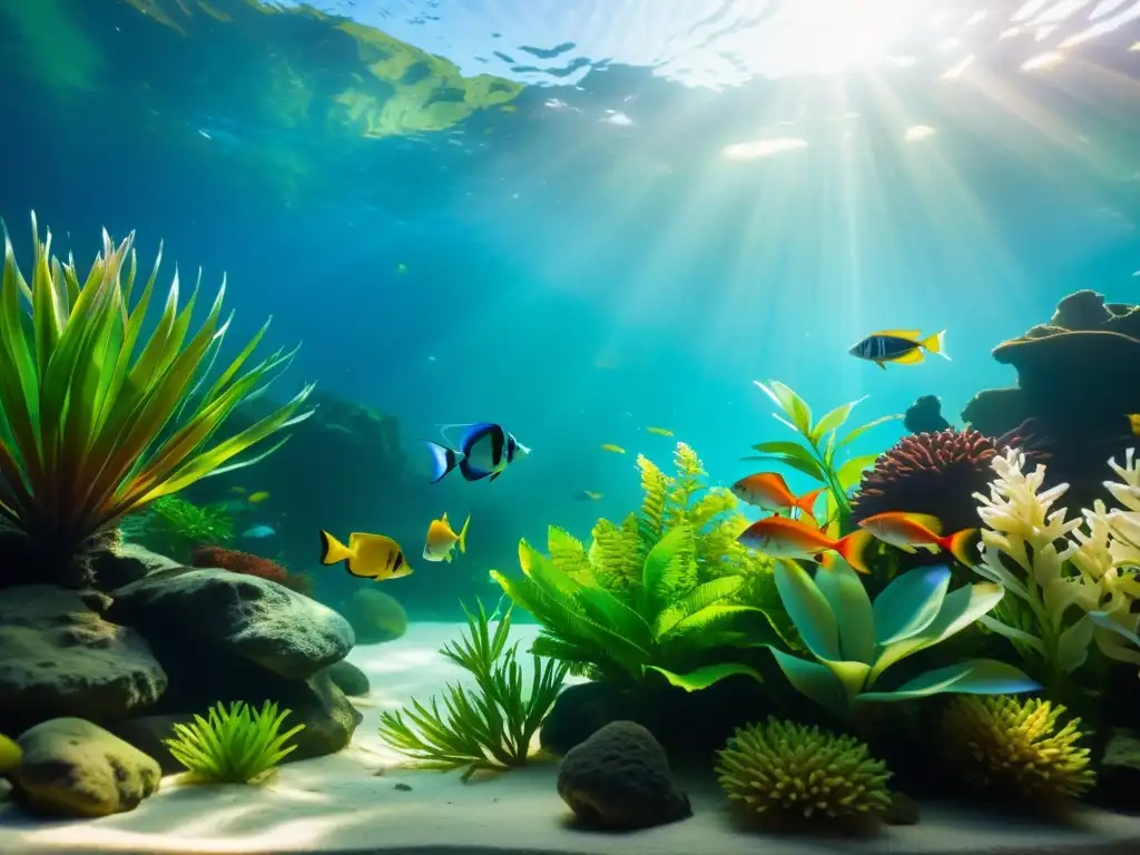 Acuario tranquilo con peces coloridos, plantas acuáticas vibrantes y una de las mejores bombas de agua silenciosas integrada sutilmente