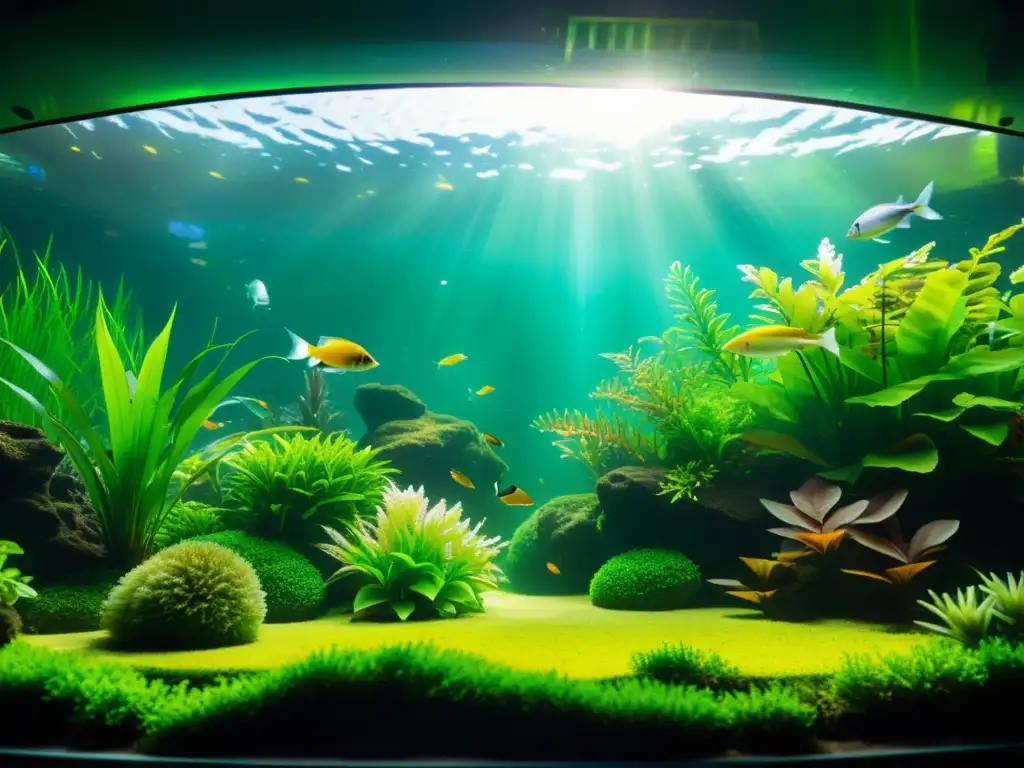 Acuario vibrante con plantas y peces en un paisaje submarino tranquilo