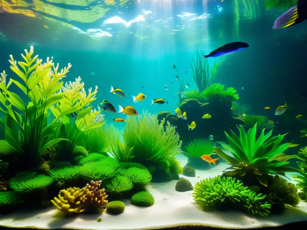 Acuario vibrante con plantas, peces coloridos y burbujas de CO2