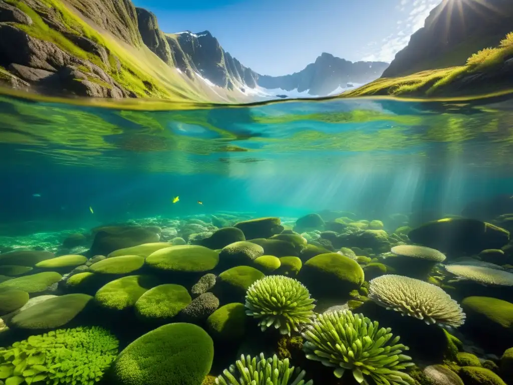 Acuariofilia con especies de aguas frías: Un paisaje submarino sereno y vibrante, con plantas acuáticas, rocas cubiertas de musgo y peces como truchas y salmones en un río cristalino y frío