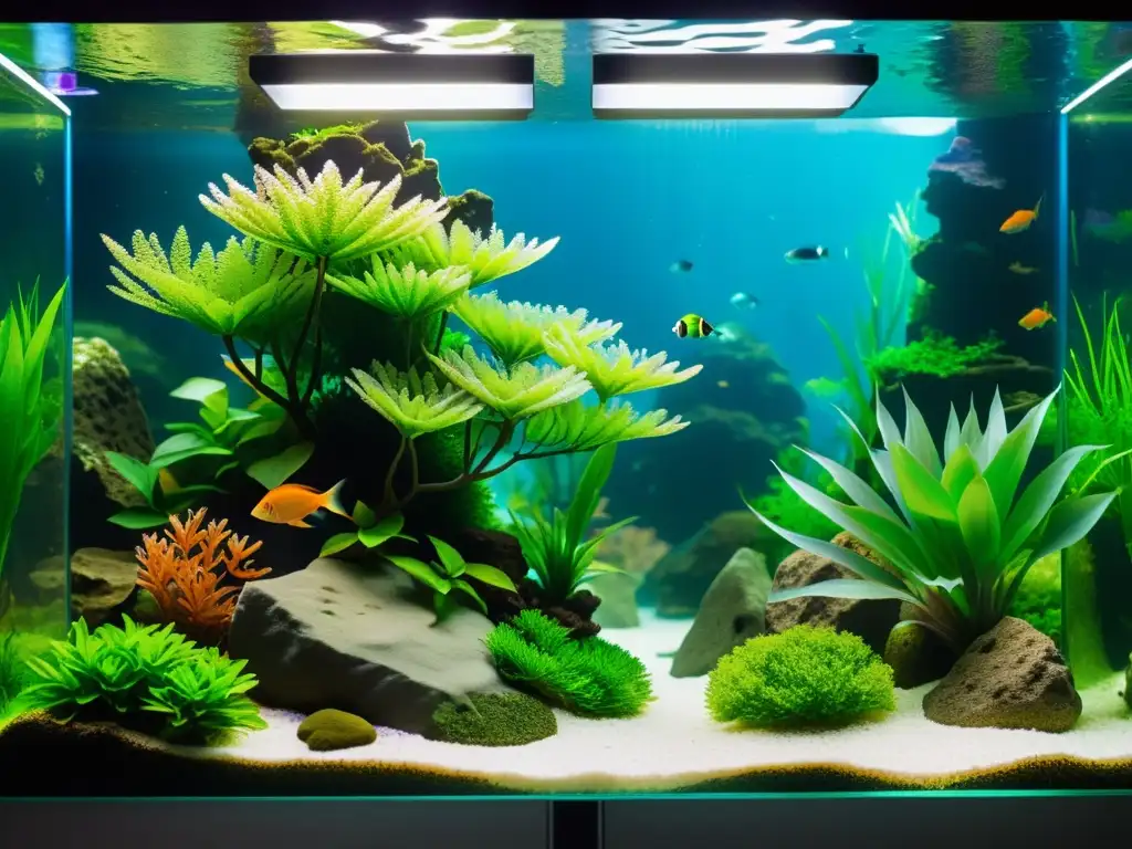 Acuarios modulares para aficionados exigentes: Fotografía de acuario submarino con plantas acuáticas, peces coloridos y formaciones rocosas