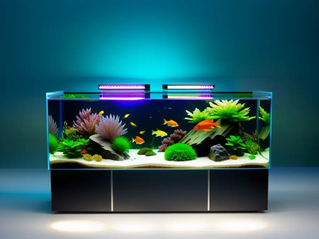 Acuarios modulares para aficionados exigentes: Un ecosistema acuático vibrante con peces exóticos y plantas coloridas, iluminado con precisión