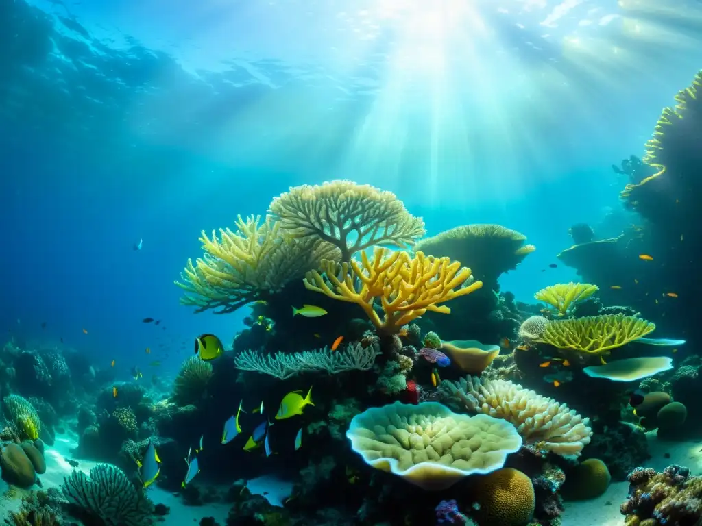 Acuerdos globales conservación vida marina: Fotografía submarina de un vibrante arrecife de coral, vida marina y luz solar filtrada