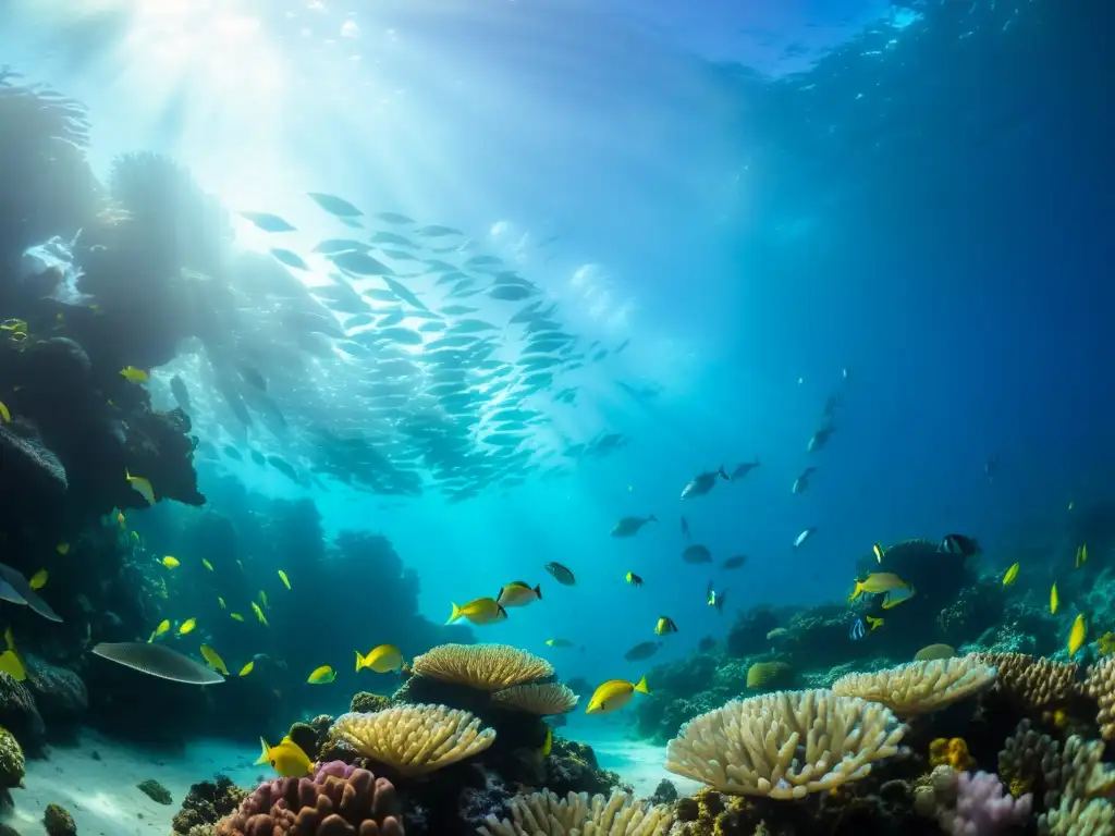 Acuicultura responsable: una escena submarina vibrante muestra una escuela de peces de cría selectiva entre arrecifes de coral coloridos