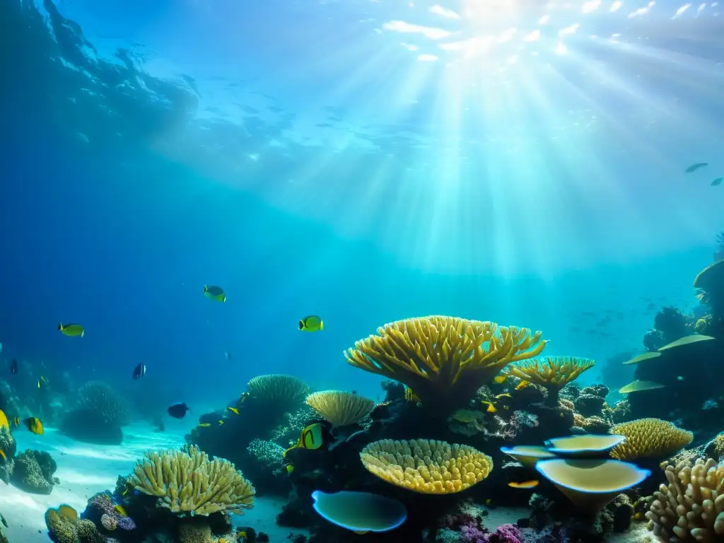 Acuicultura sostenible y diversidad marina en un vibrante arrecife de coral, con peces coloridos y plantas marinas en aguas cristalinas