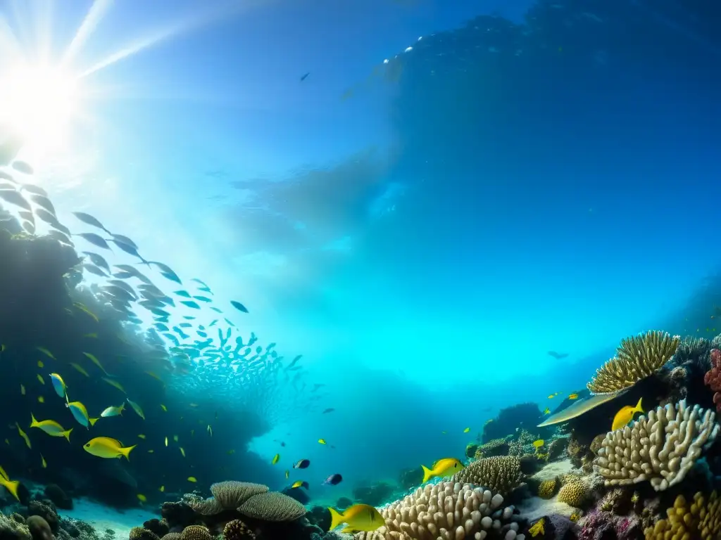 Acuicultura sostenible y diversidad marina en un vibrante arrecife de coral, lleno de vida marina y patrones de luz hipnotizantes