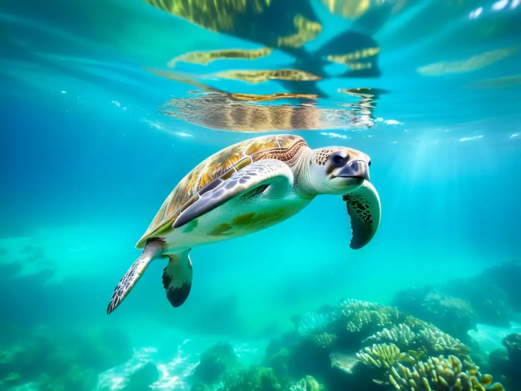 Adaptaciones energéticas animales marinos lentos: una escena tranquila de un manatí o tortuga marina deslizándose pausadamente entre corales y vida marina colorida, con patrones de luz filtrándose a través del agua