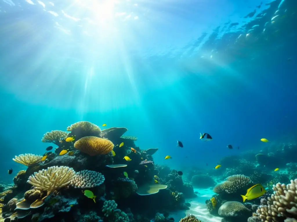 Bajo el agua, un arrecife de coral vibrante rebosante de peces y vida marina